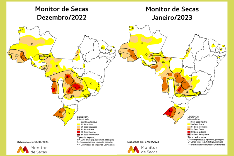 Mapas do Monitor de Secas de dezembro de 2022 e janeiro de 2023