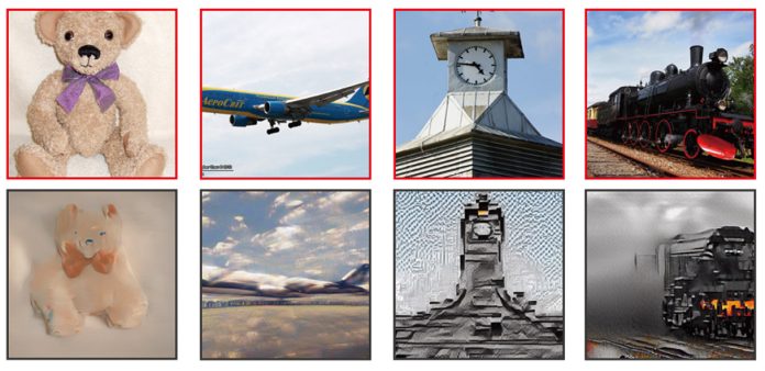 As recriações de imagens de inteligência artificial com base em varreduras cerebrais (linha inferior) correspondem ao esboço, perspectiva e conteúdo das fotos reais vistas pelos participantes do estudo (linha superior). (Créditos: Creative Commons)