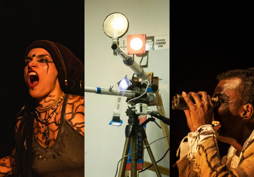 Imagens editadas CCOM Funarte - Detalhes dos eventos: Espetáculo “Titiksha”, no Teatro Cacilda Becker, no RJ (crédito: Fred Gustavos); Exposição “UTOPICALIPSE”, do Coletivo Arte em Fluxo, na Galeria Flávio de Carvalho - Complexo Cultural Funarte SP (crédi