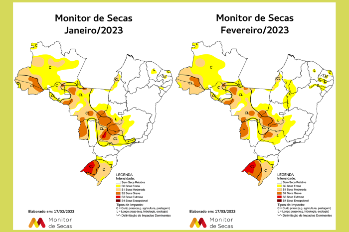 Mapas do Monitor de Secas de janeiro e fevereiro de 2023