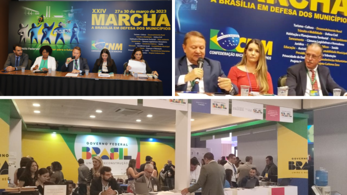 Rafael Morgado (no canto esquerdo da foto superior esquerda), Rafaela Lehmann (no centro da foto superior direita) e estande do MTur na Marcha (foto central abaixo). Crédito: Renato Vaz/ Embratur; divulgação palestrante ;e Erik Eskenazi/MTur.