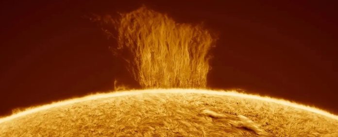 A 'cachoeira' de plasma no Sol é uma proeminência da coroa polar. (Créditos: Eduardo Schaberger Poupeau)