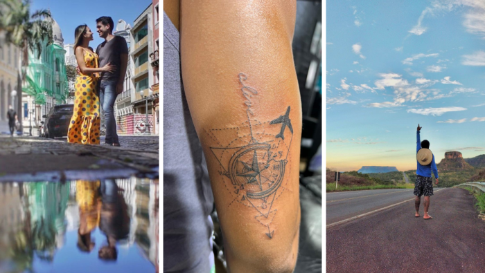 Lyvia e o marido Shalom Montoril em Recife - PE(Crédito: Felipe Lima); tatuagem de Victor Alves (Crédito: arquivo pessoal); e Nivaldo na Chapada das Mesas - MA (Crédito: arquivo pessoal).