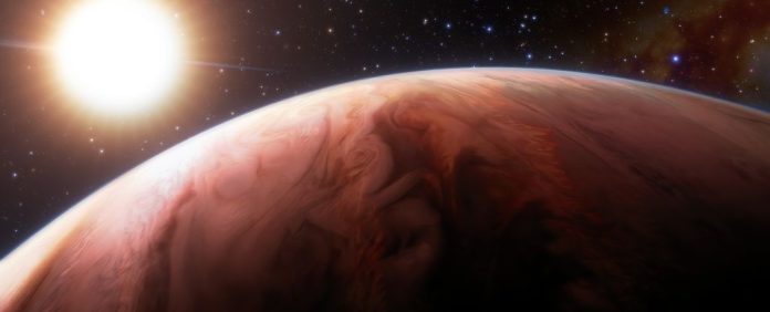 Impressão artística de WASP-76b. (International Gemini Observatory/NOIRLab/NSF/AURA/J. da Silva/Spaceengine/M. Zamani)