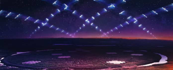 Impressão artística de uma grande constelação de satélites sobrevoando o LOFAR. ( (Daniëlle Futselaar/artsource.nl)