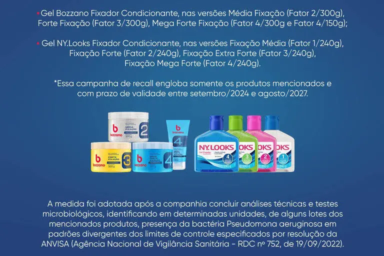 Bozzano recolhe lotes de gel de cabelo com altos níveis de bactéria